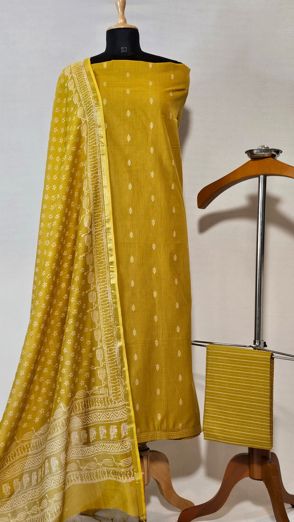 Soft Cotton Mustard Unstitched Suit with Chanderi Block Print Dupatta