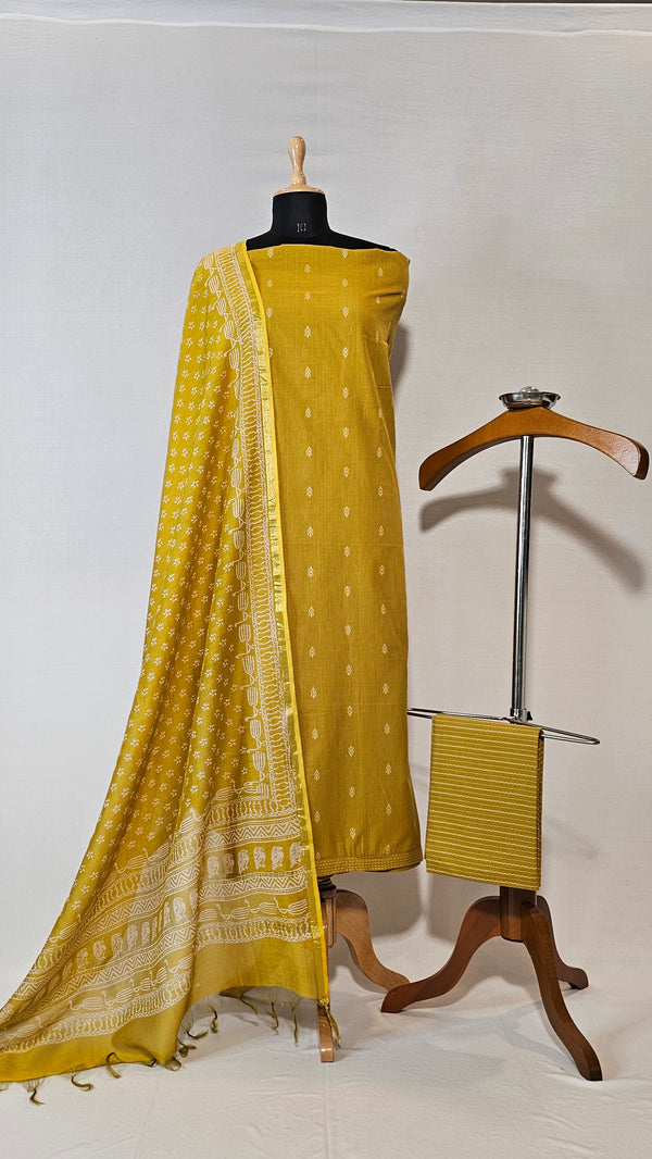 Soft Cotton Mustard Unstitched Suit with Chanderi Block Print Dupatta