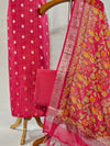 Elegant Magenta Chanderi Silk Unstitched Suit with Kantha Stitch & Zari Weave